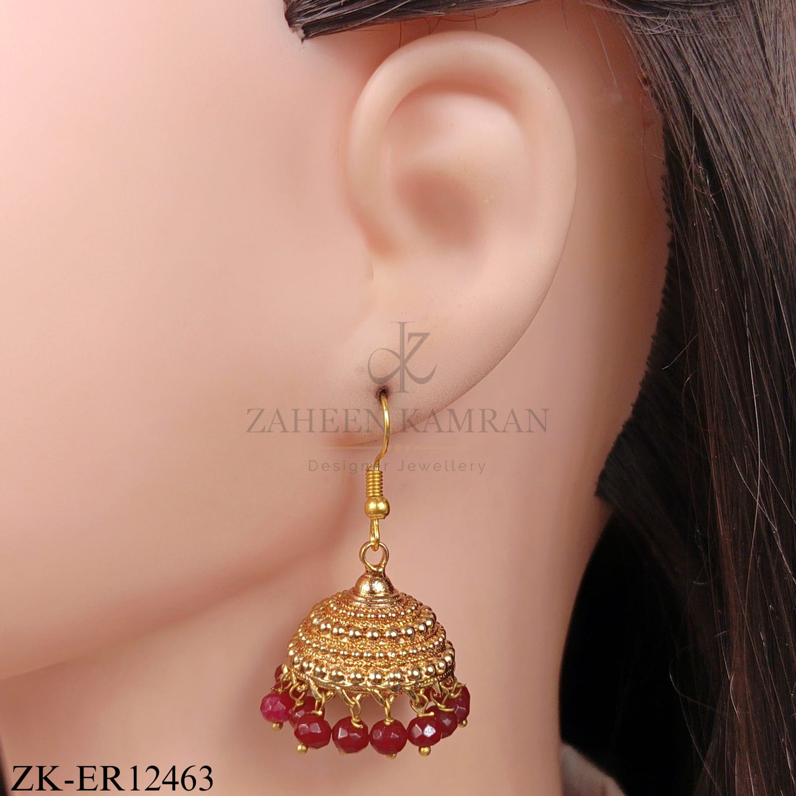 GOLD BELL TOPS EARRINGS WITH RUBY ACCENTS