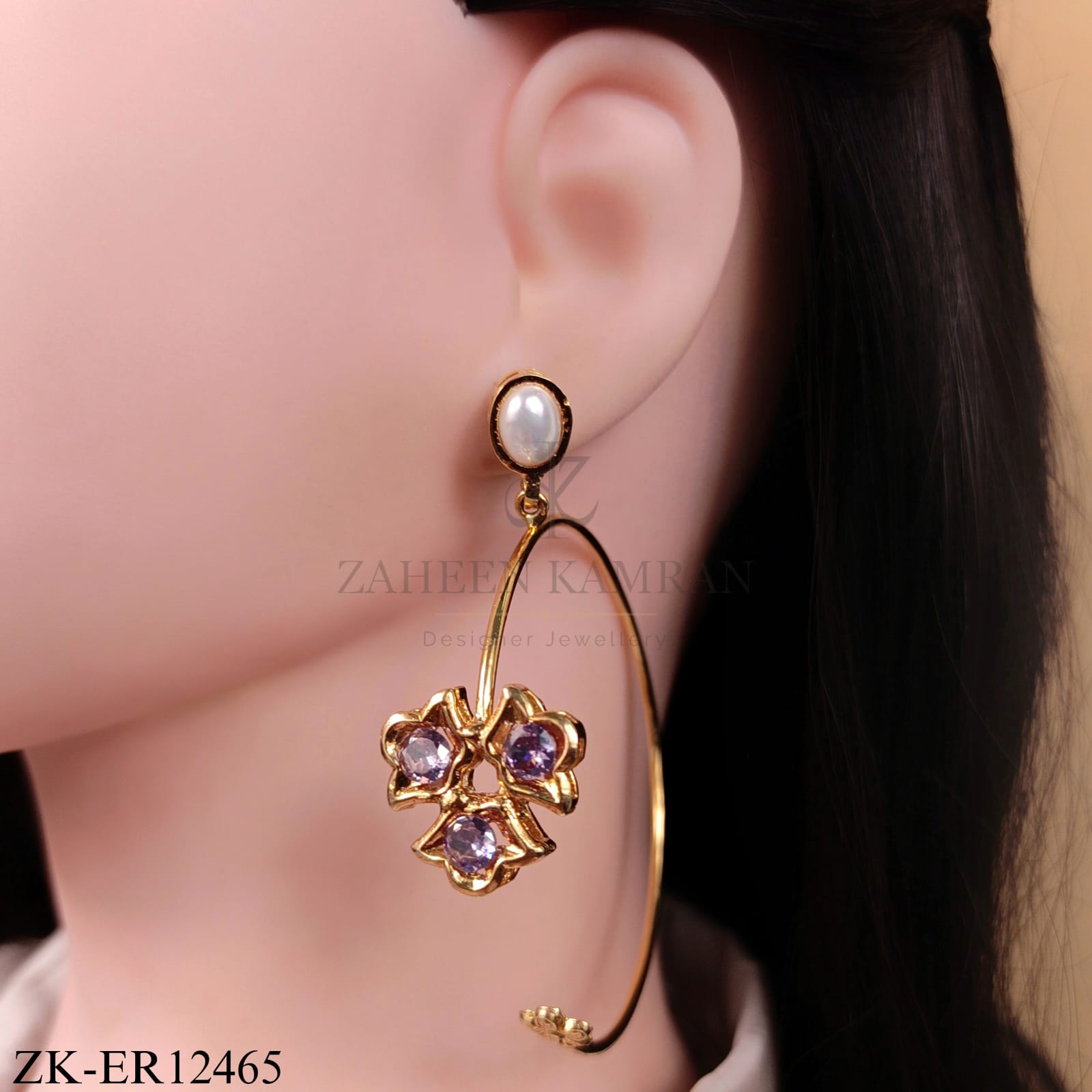 GOLD HOOP FLORA EARRINGS WITH PEARL STUD