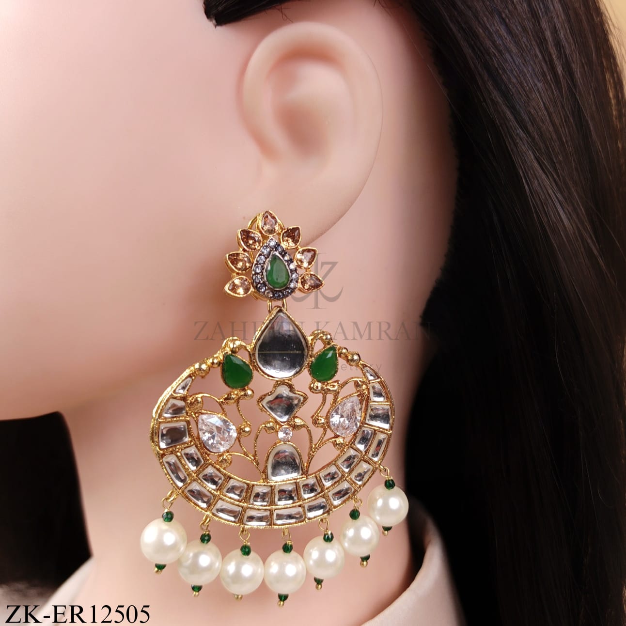 EMERALD KUNDAN PEARLS TEARDROP EARRINGS