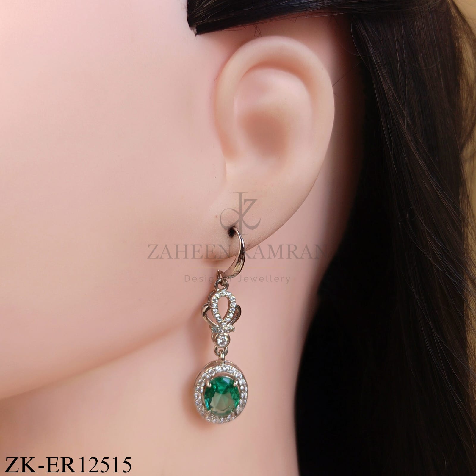 SILVER EMERALD CROWN TOP EARRINGS