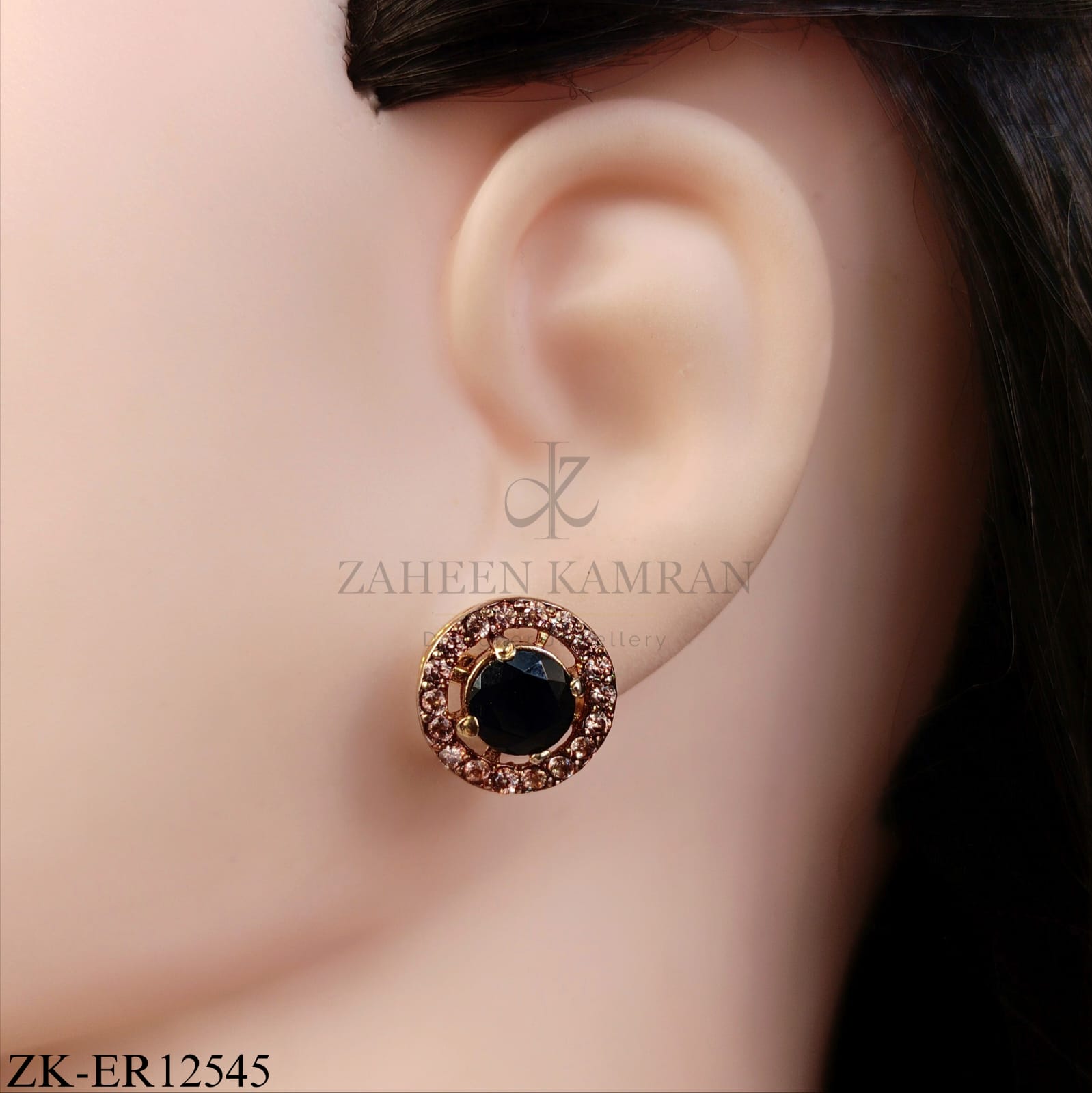 ROSE GOLD CIRCLE EARRINGS WITH BLACK GEM