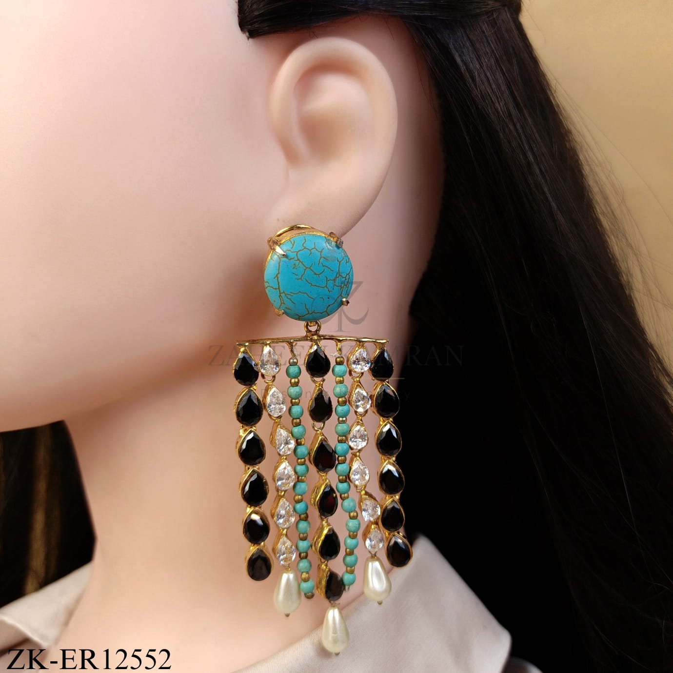 MULTI LINE STONES WITH PEARLS END EARRINGS