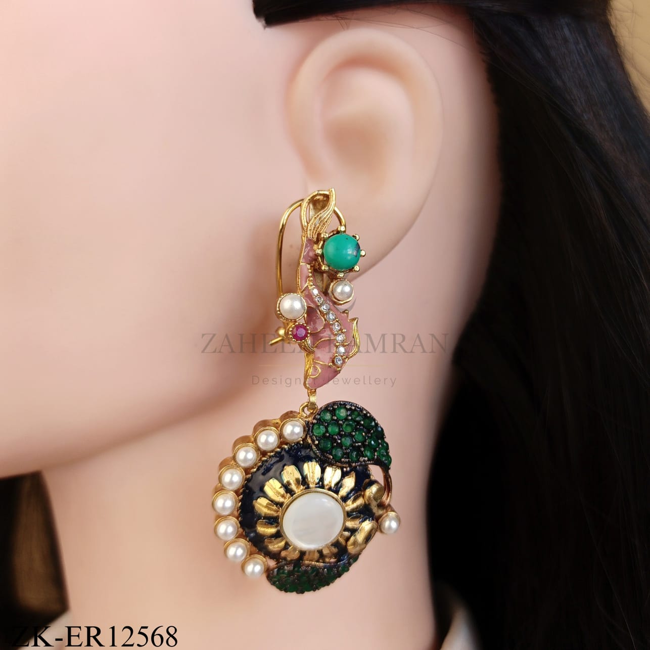 PEACOCK MOTIF EMERALD EARRINGS
