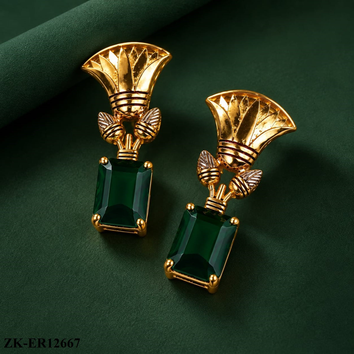 GOLD TONE LOTUS TOP WITH SQUARE EMERALD EARRINGS