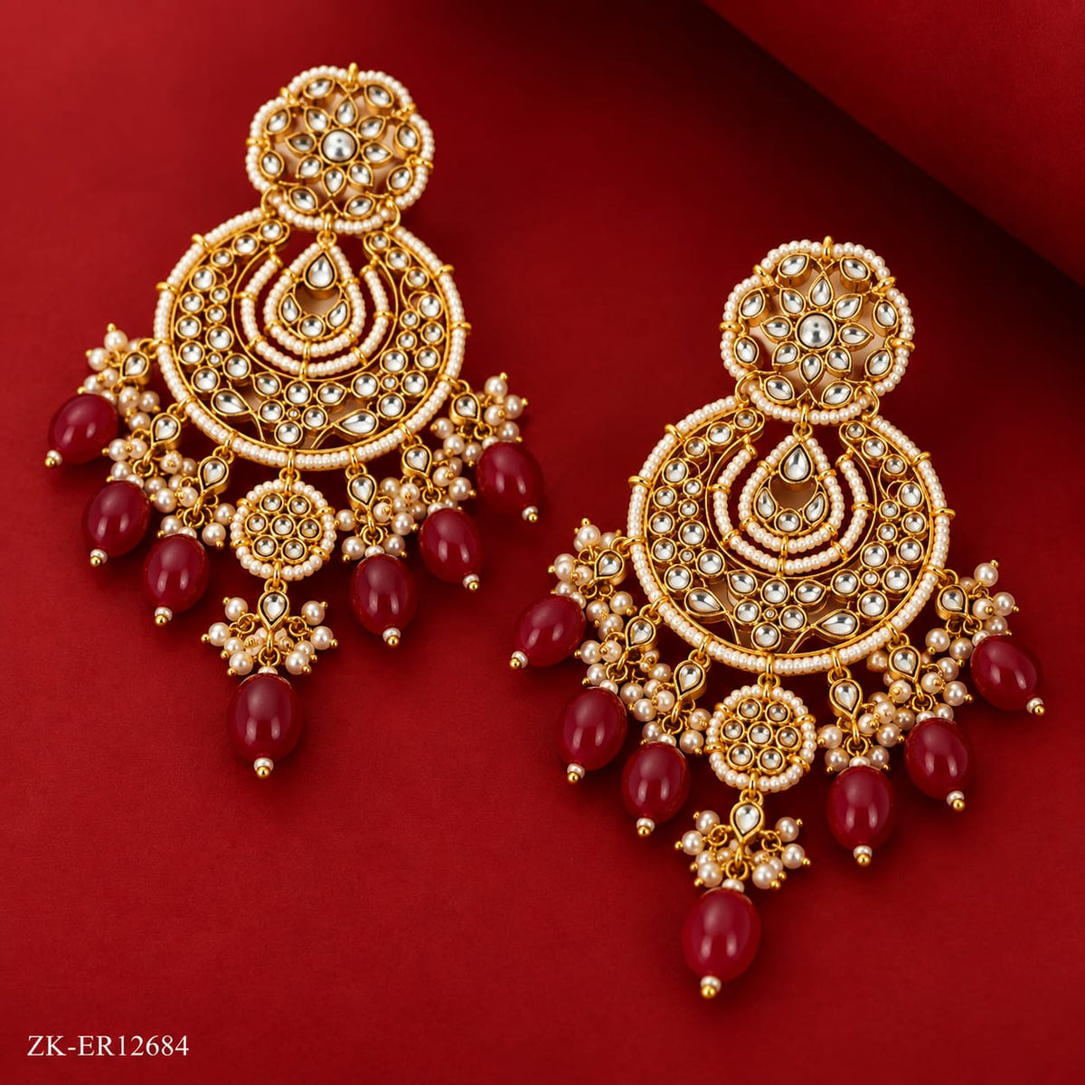 KUNDAN CHANDELIER EARRINGS WITH RUBY DROP