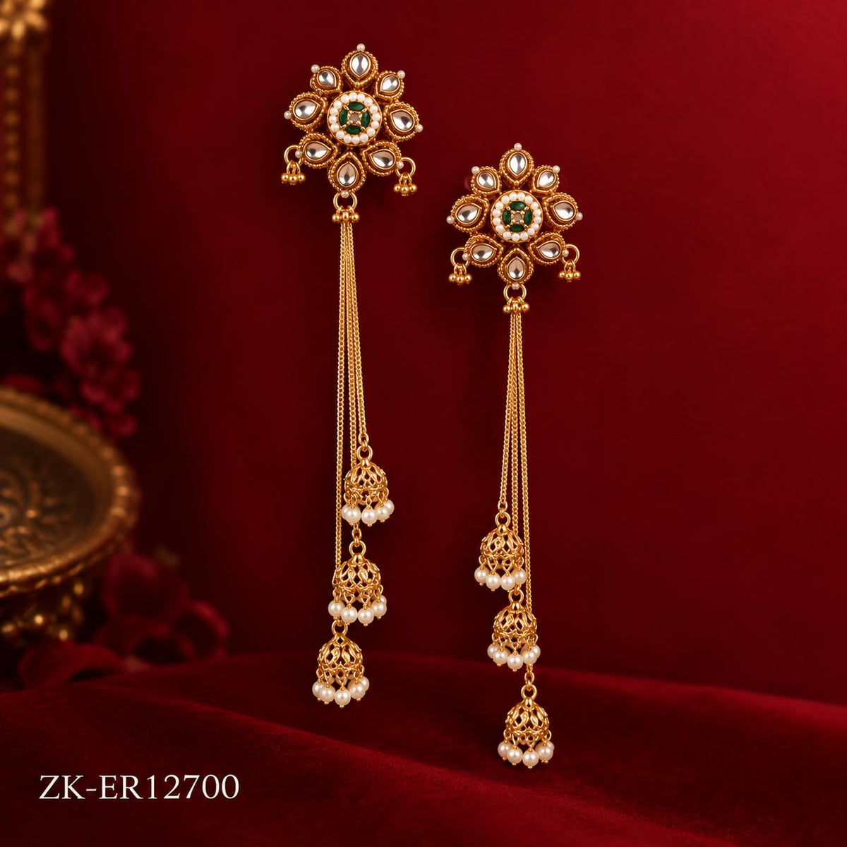 GOLDEN KUNDAN FLORAL LONG CHAINS EARRINGS