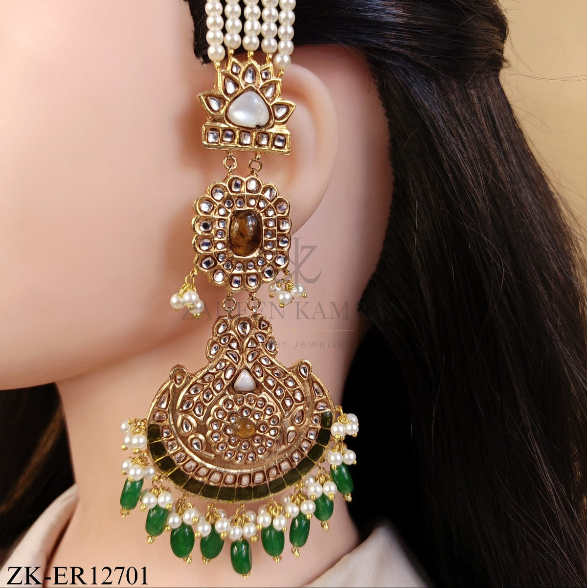EMERALD KUNDAN PEARLS STRAND EARRINGS
