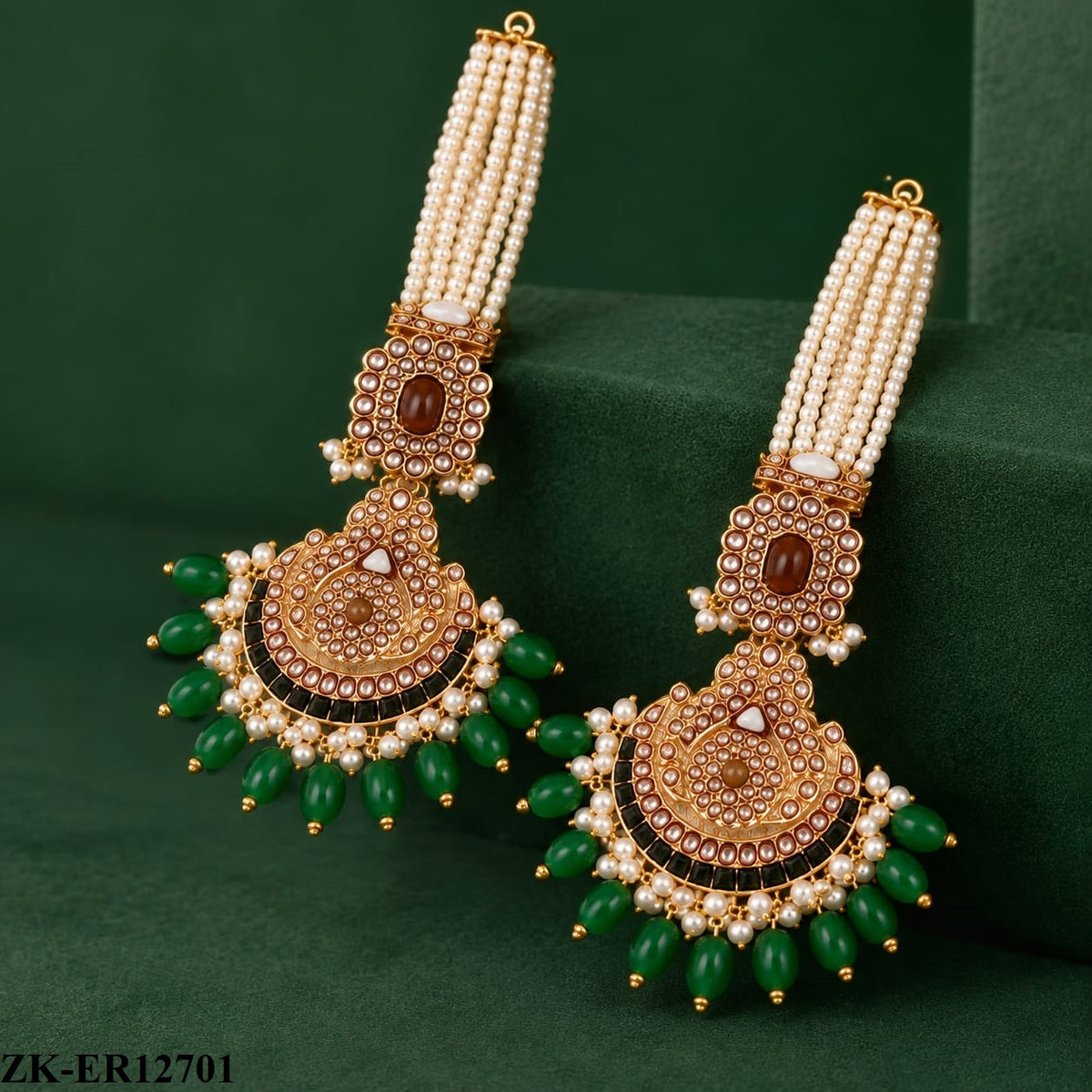 EMERALD KUNDAN PEARLS STRAND EARRINGS