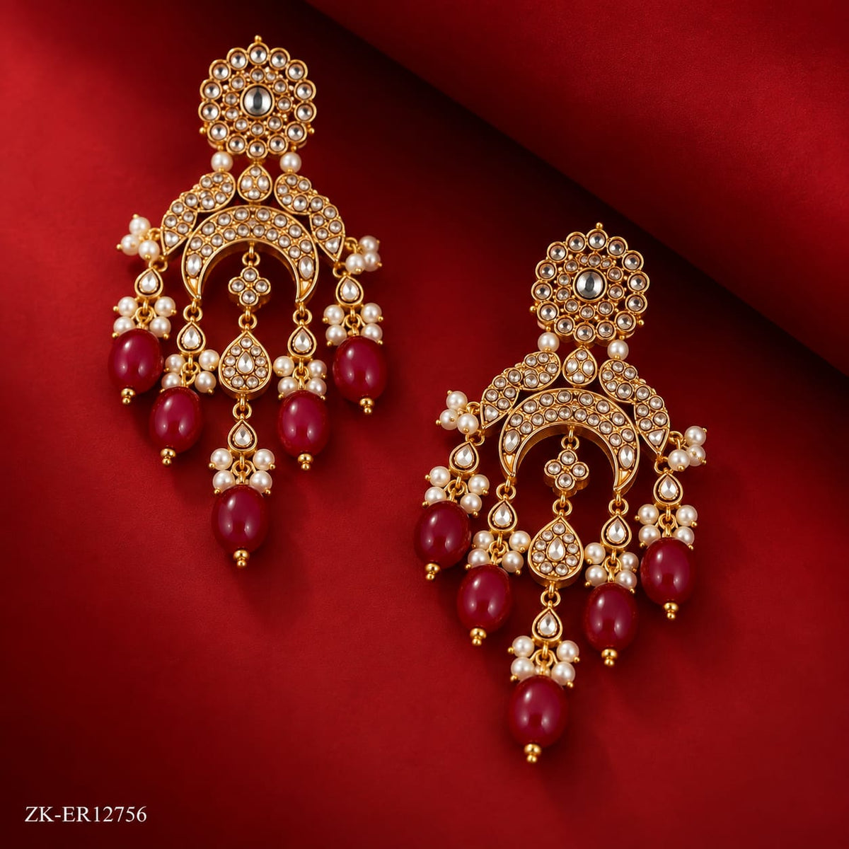 GOLD CRESCENT RUBY PEARLS DROP EARRINGS