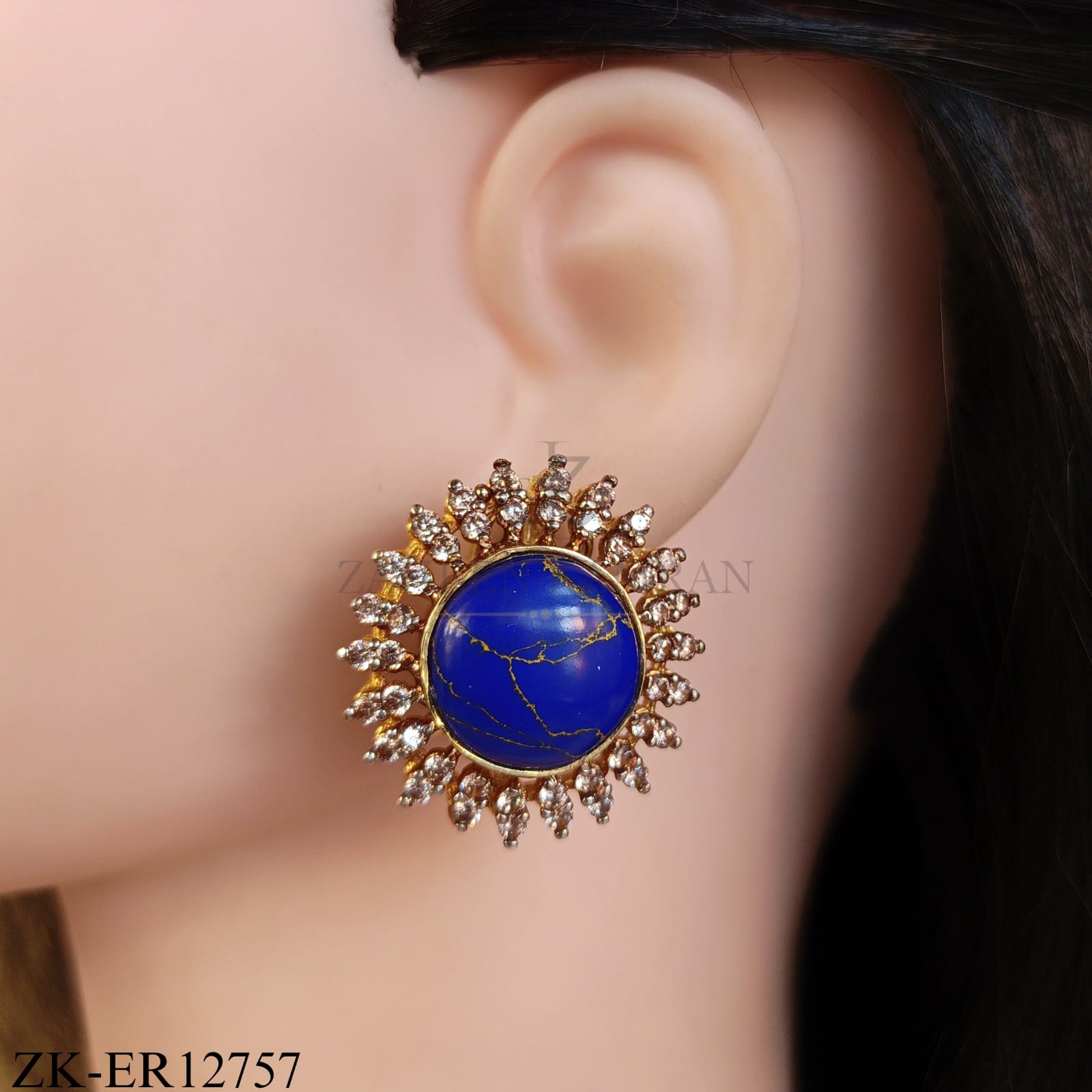 ROUND LAPIS LAZULI ZIRCONIA EDGE EARRINGS
