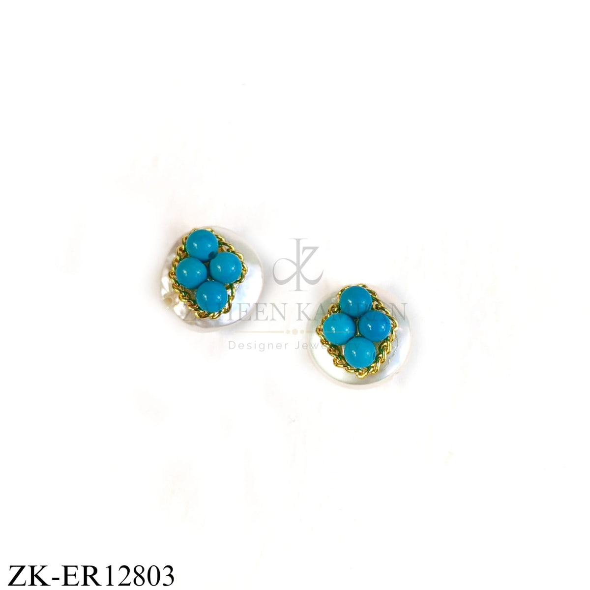 GOLDEN FOUR ROUND BLUE BEADS EARRINGS