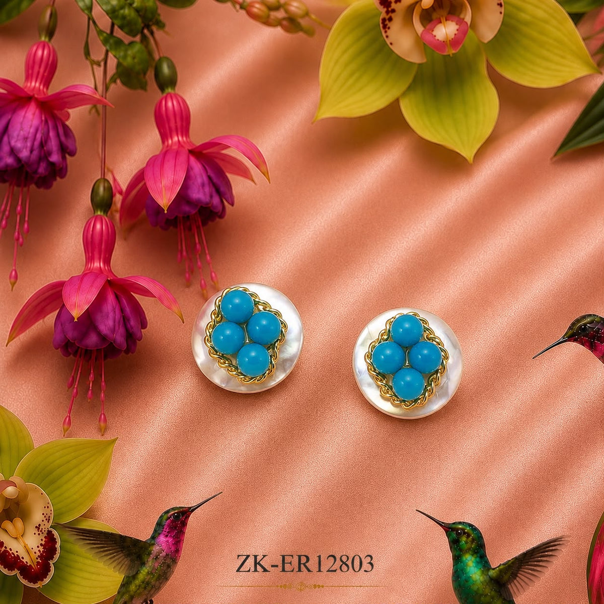 Blue Bead Flower Studs