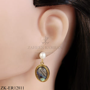 GOLDEN DUAL TONE PEARL TOP EARRINGS