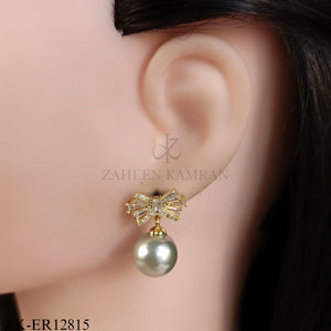 GOLD BOW GREY PEARL DROP EARRINGS
