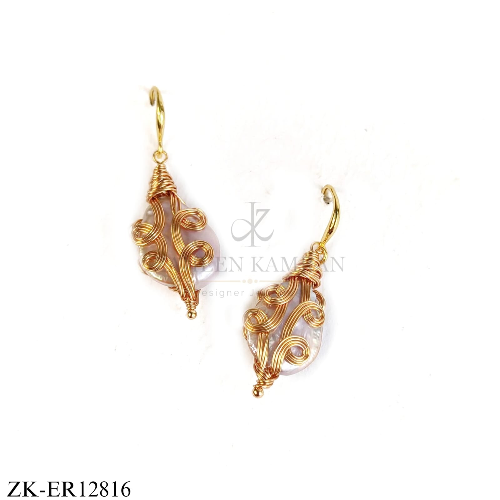 GOLD TONE WITH PEARL WITH WIRE SWIRL EARRINGS