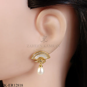 GOLD FAN SHAPED PEARL DROP EARRINGS