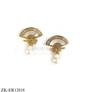 GOLD FAN SHAPED PEARL DROP EARRINGS