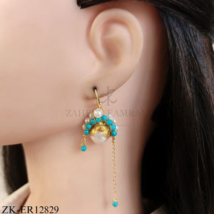 GOLD HOOK BLUE AND WHITE PEARL CHAIN EARRINGS
