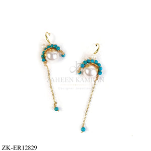 GOLD HOOK BLUE AND WHITE PEARL CHAIN EARRINGS