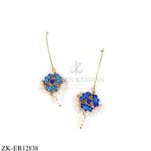 GOLD FLORAL HOOK BLUE ENAMEL EARRINGS