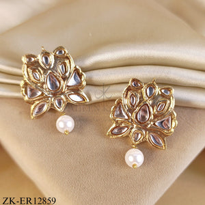 GOLD TONE KUNDAN FLORA EARRINGS WITH PEARL DROP