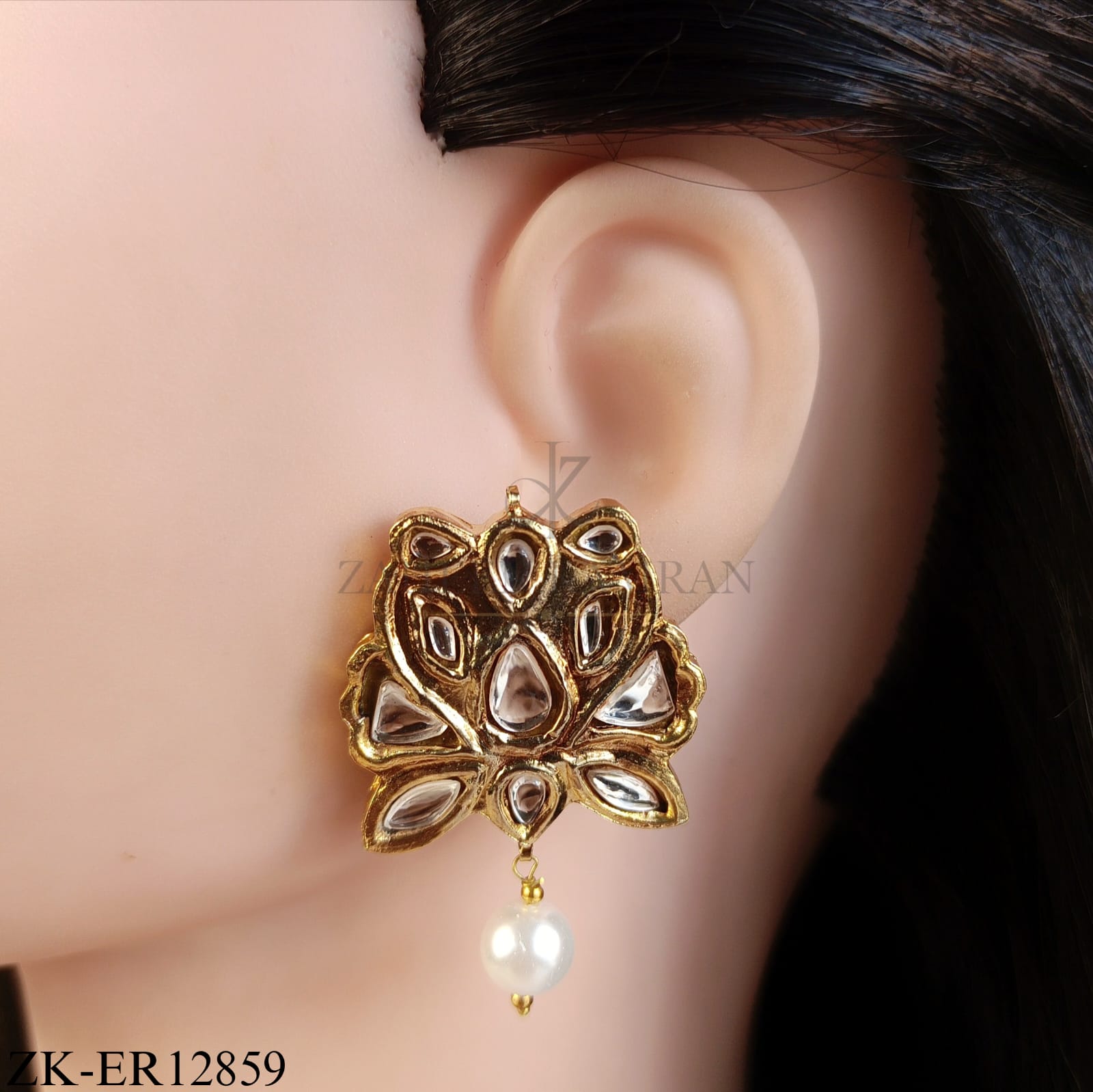 GOLD TONE KUNDAN FLORA EARRINGS WITH PEARL DROP