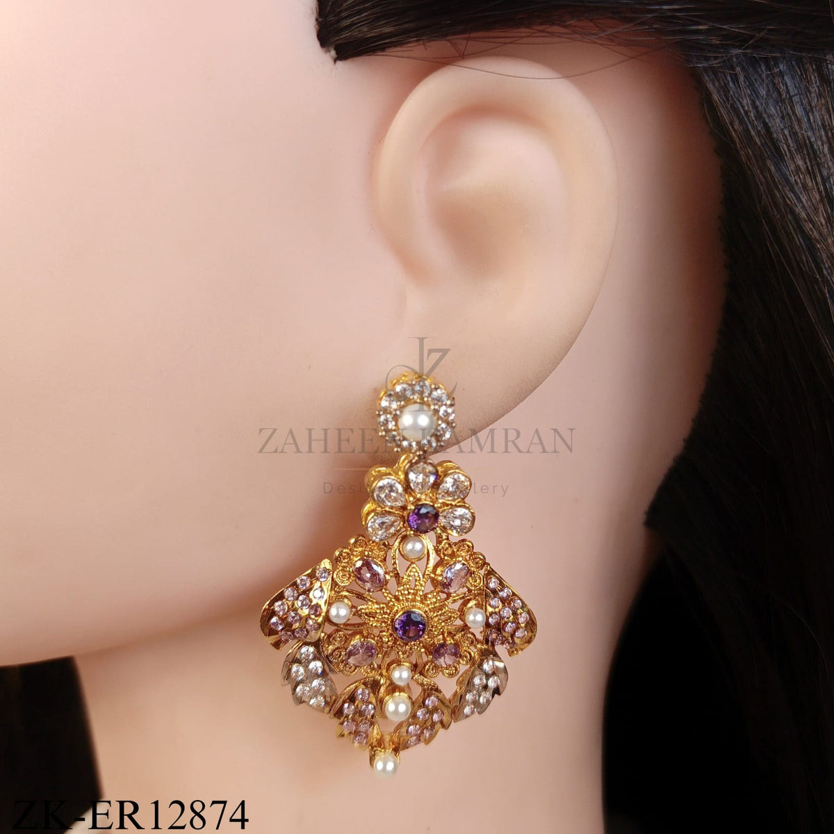 GOLD TONE AMETHYST PEARL ZIRCONIA EARRINGS