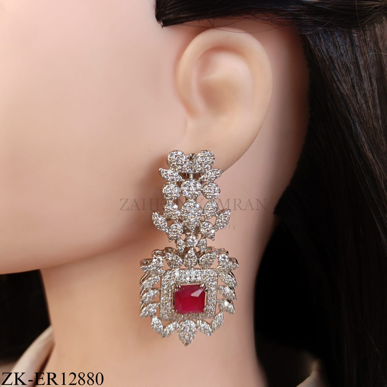 SILVER ZIRCONIA LEAFLET RUBY SQUARE CENTER EARRINGS