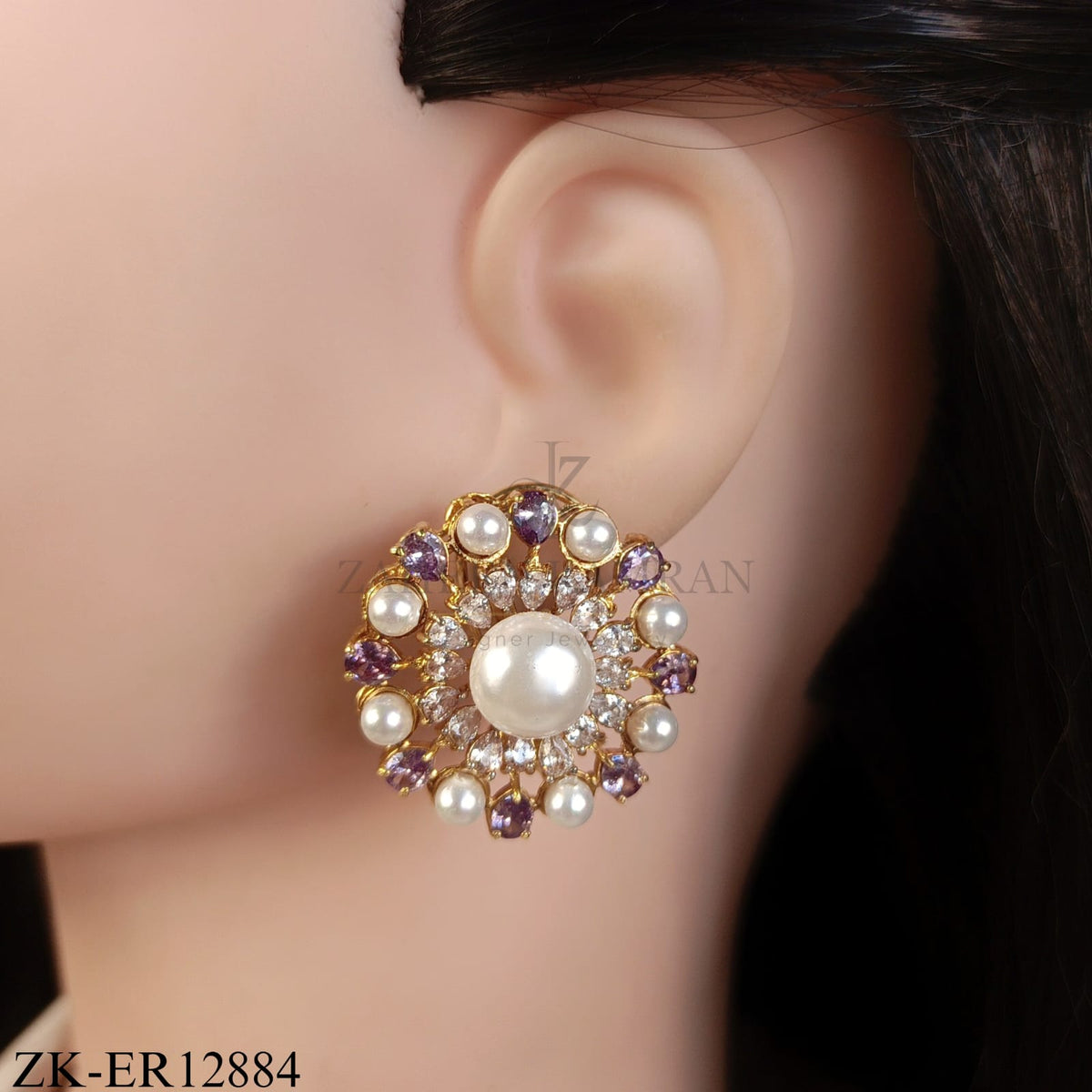 GOLDEN FLORAL AMETHYST PEARL EARRINGS