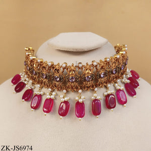 GOLDEN INTRICATE RUBY DROP CHOKER SET