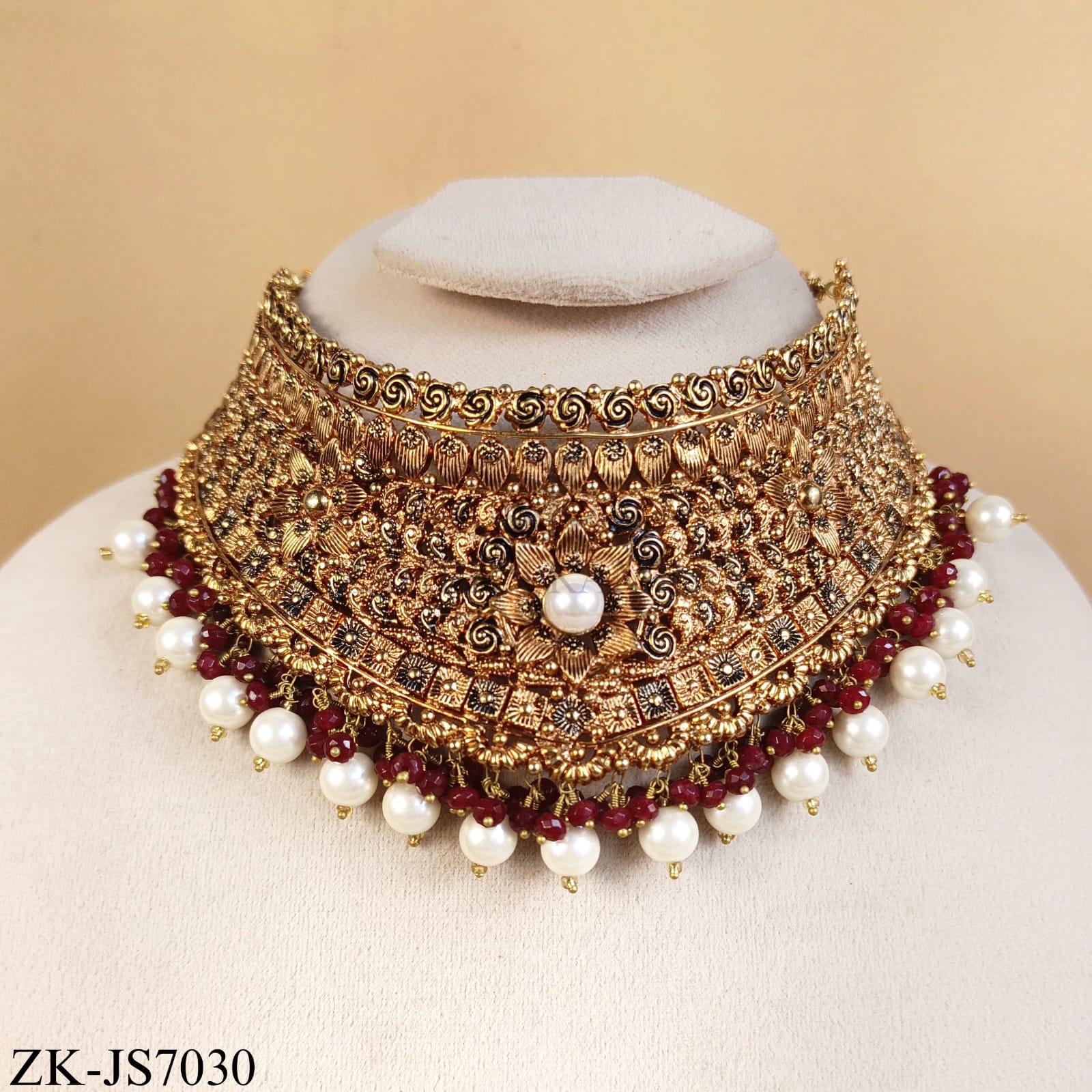 ANTIQUE RUBY FLORAL SPIRAL PEARLS DROP BRIDAL SET