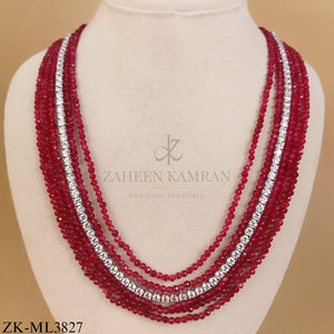 MULTI LAYERED RUBY MALA WITH ZIRCONIAN CENTRE