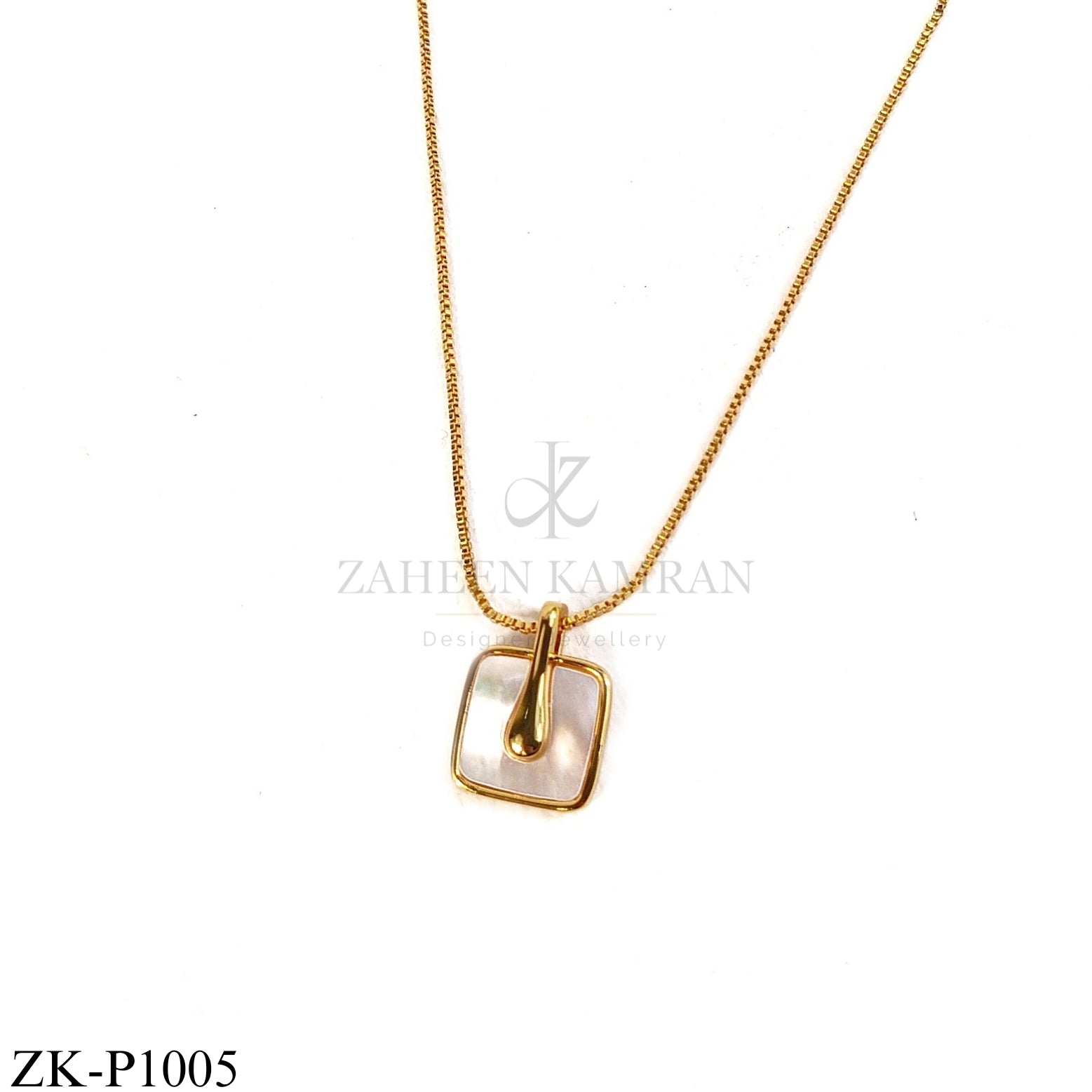 Gold square pendant with white shell inlay - Zaheen Kamran