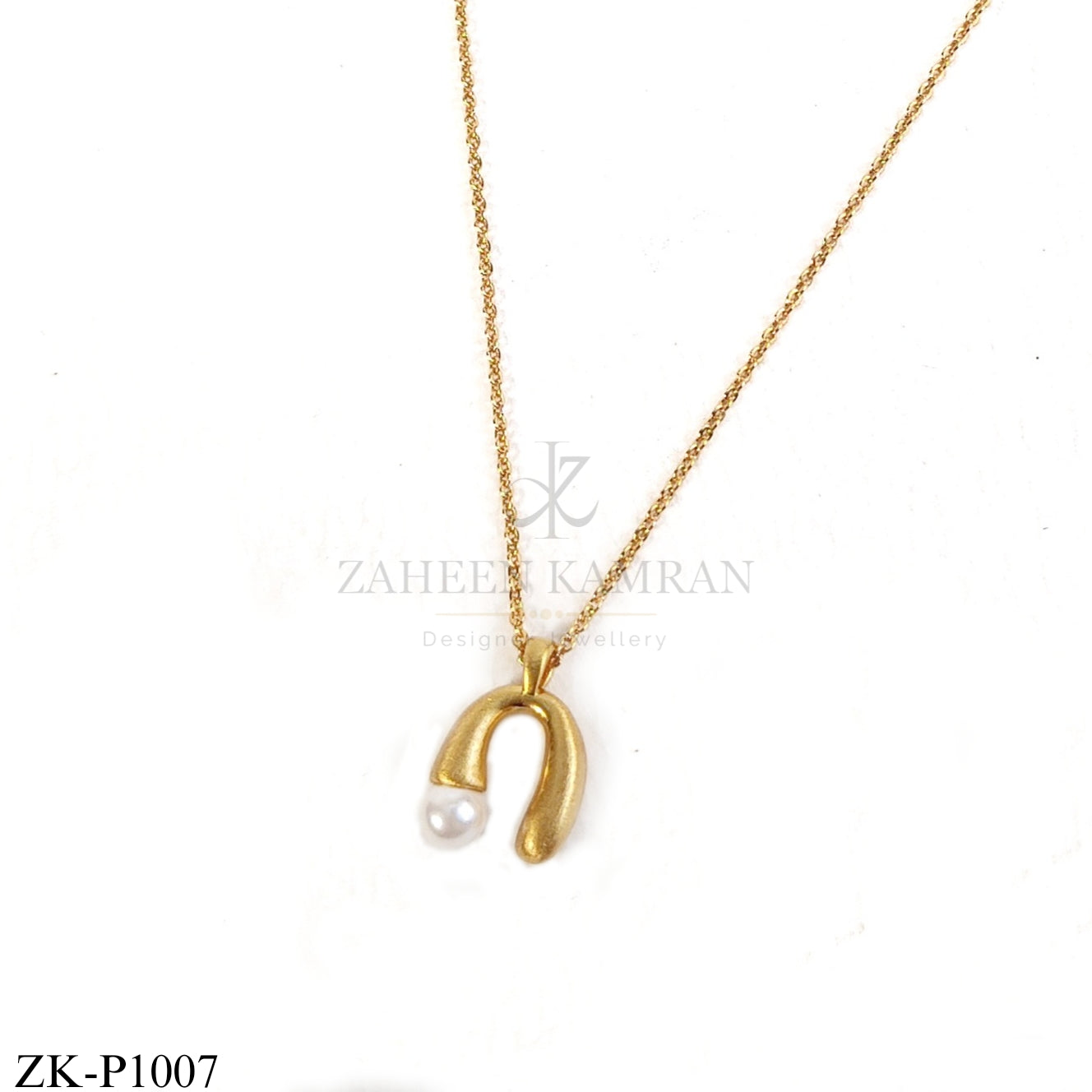 Gold U-shape pendant with pearl accent - Zaheen Kamran