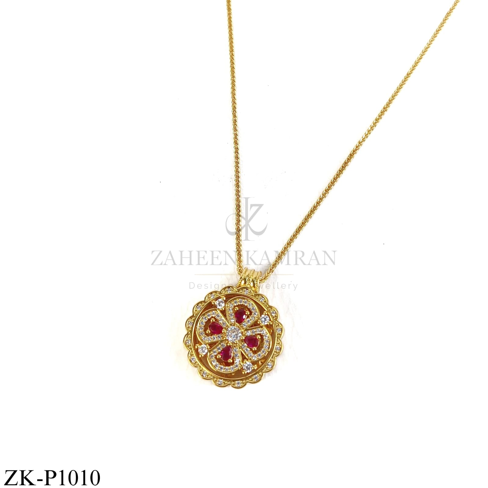 Gold pendant with red and clear stone bloom design - Zaheen Kamran