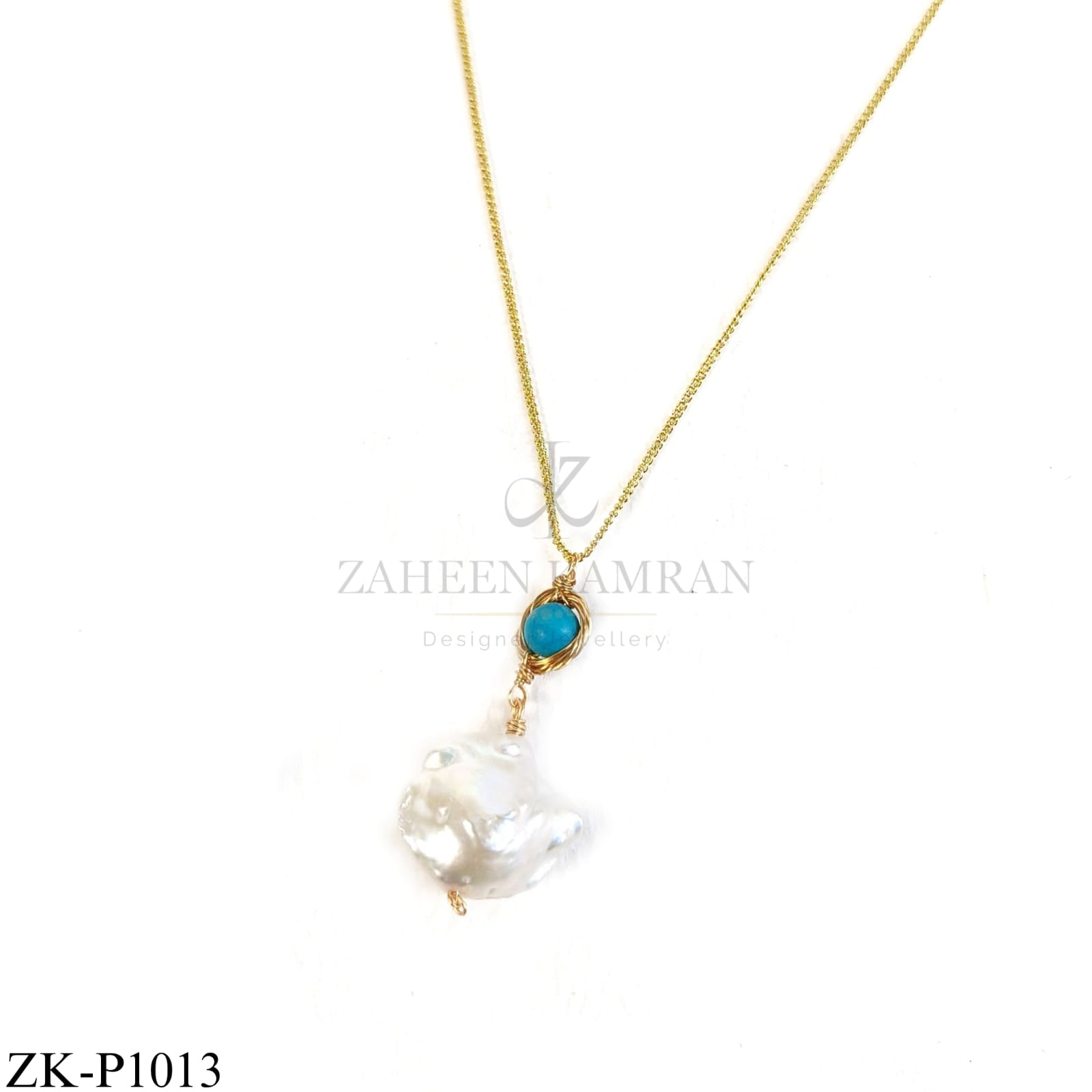 Gold pendant with blue stone and baroque pearl drop - Zaheen Kamran