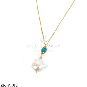 Gold pendant with blue stone and baroque pearl drop - Zaheen Kamran
