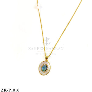 Gold oval pendant with blue-green centre stone - Zaheen Kamran