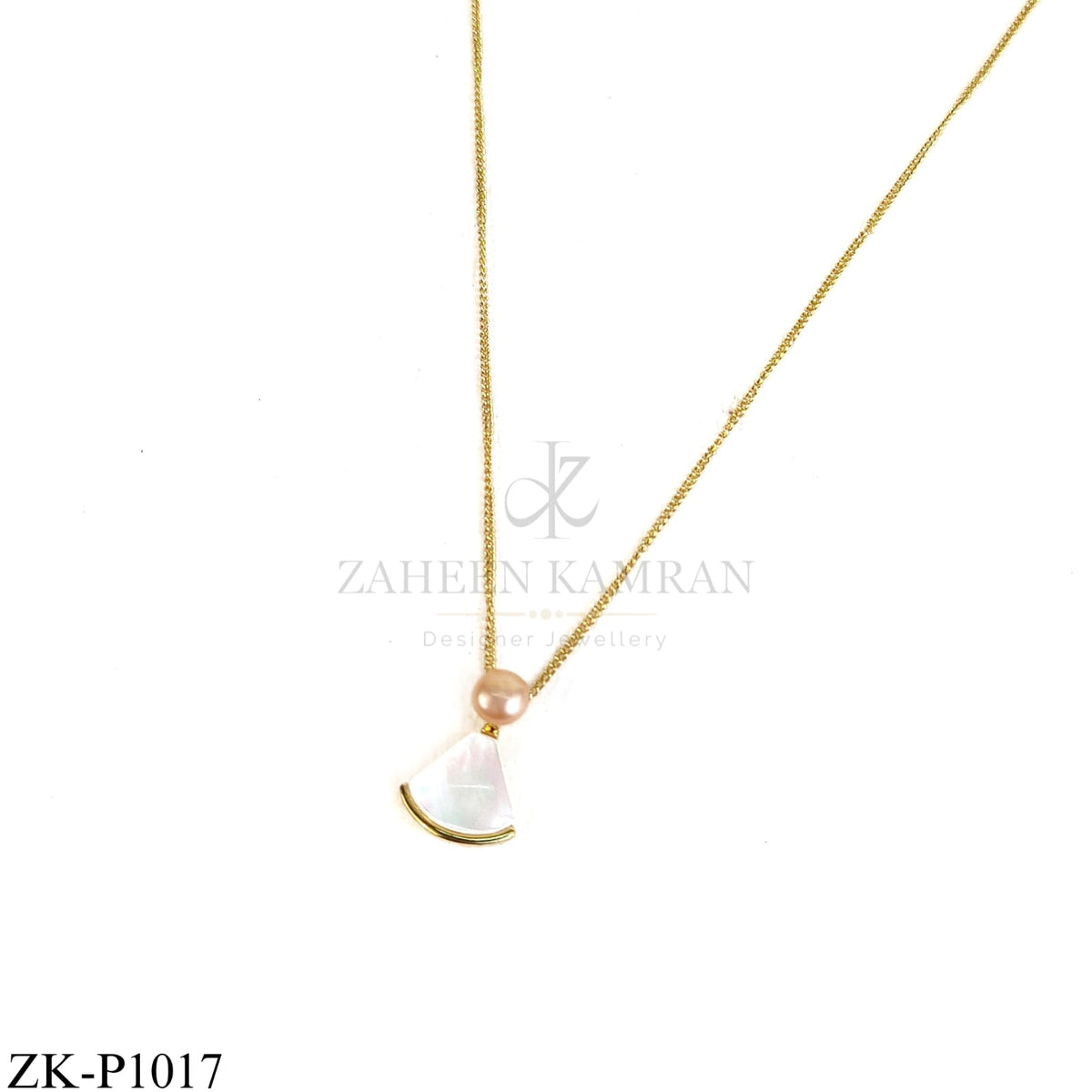 Gold fan pendant with shell and pink pearl - Zaheen Kamran