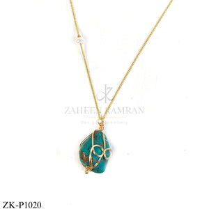 Gold wire-wrapped blue stone pendant - Zaheen Kamran