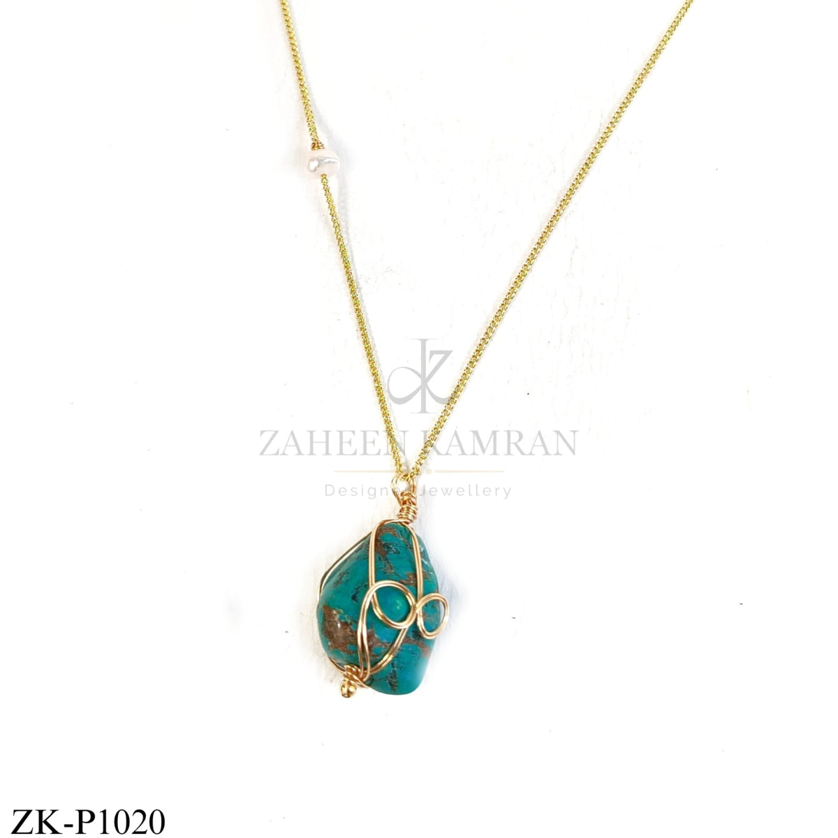 Gold wire-wrapped blue stone pendant - Zaheen Kamran