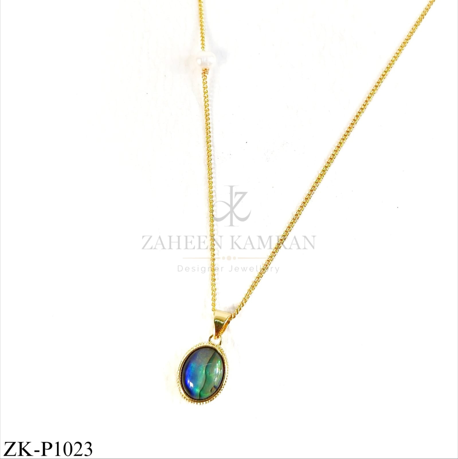 Gold oval pendant with blue-green shell and pearl - Zaheen Kamran