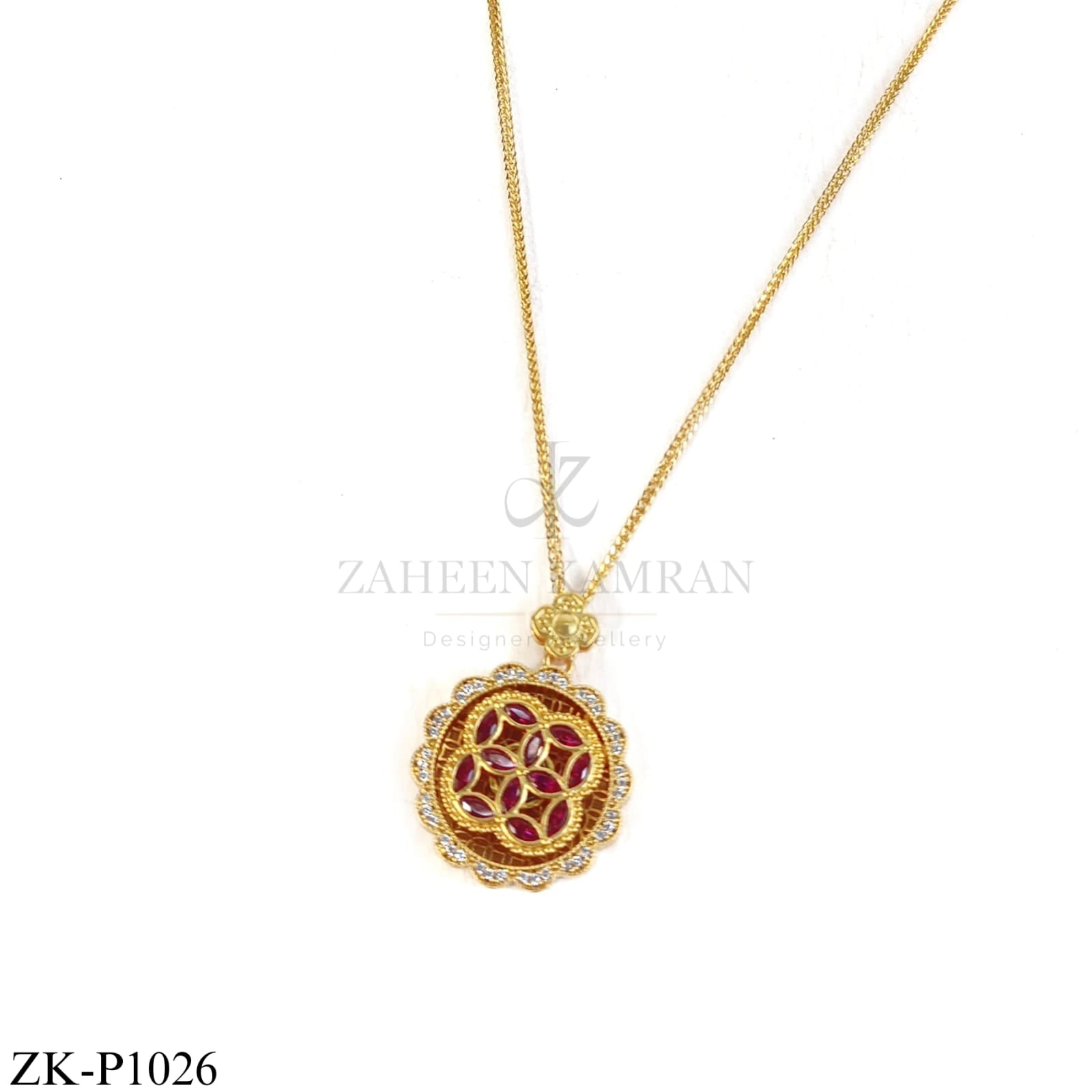 Golden floral centre pendant with red stones - Zaheen Kamran Zamaré Collection