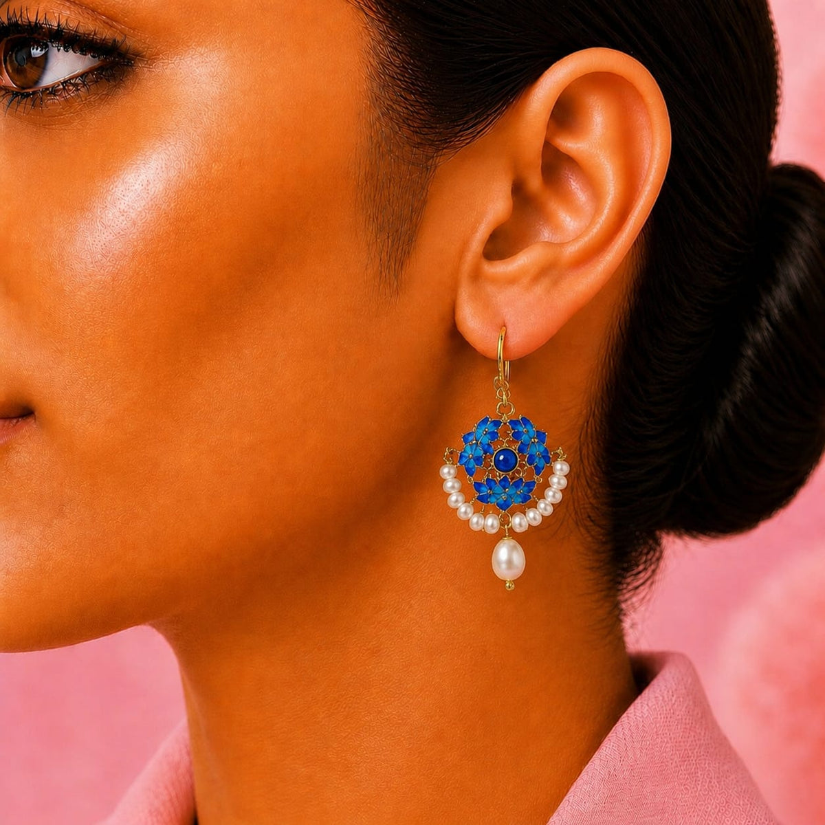 Blue Enamel Flower Earrings