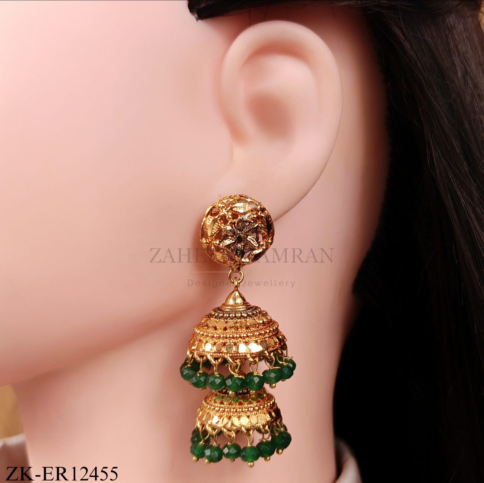 GOLDEN DOUBLE EARRINGS WITH DARK EMERALD