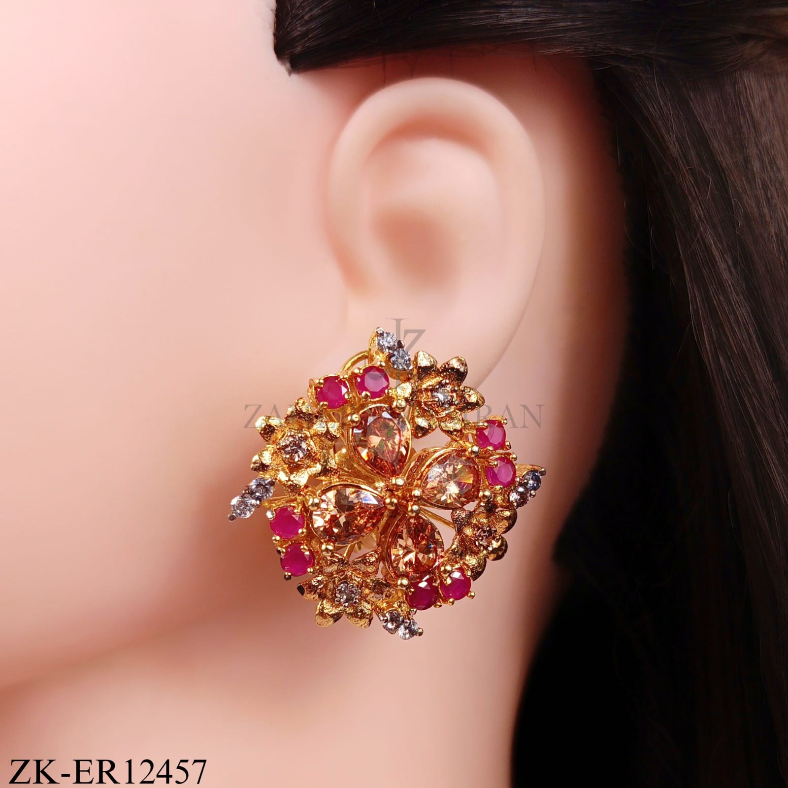 GOLDEN FLORAL EARRINGS WITH PINK ZIRCONIA
