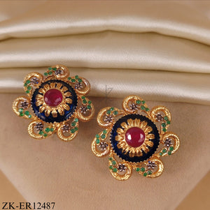 ANTIQUE BLOOM EMERALD ENAMEL EARRINGS