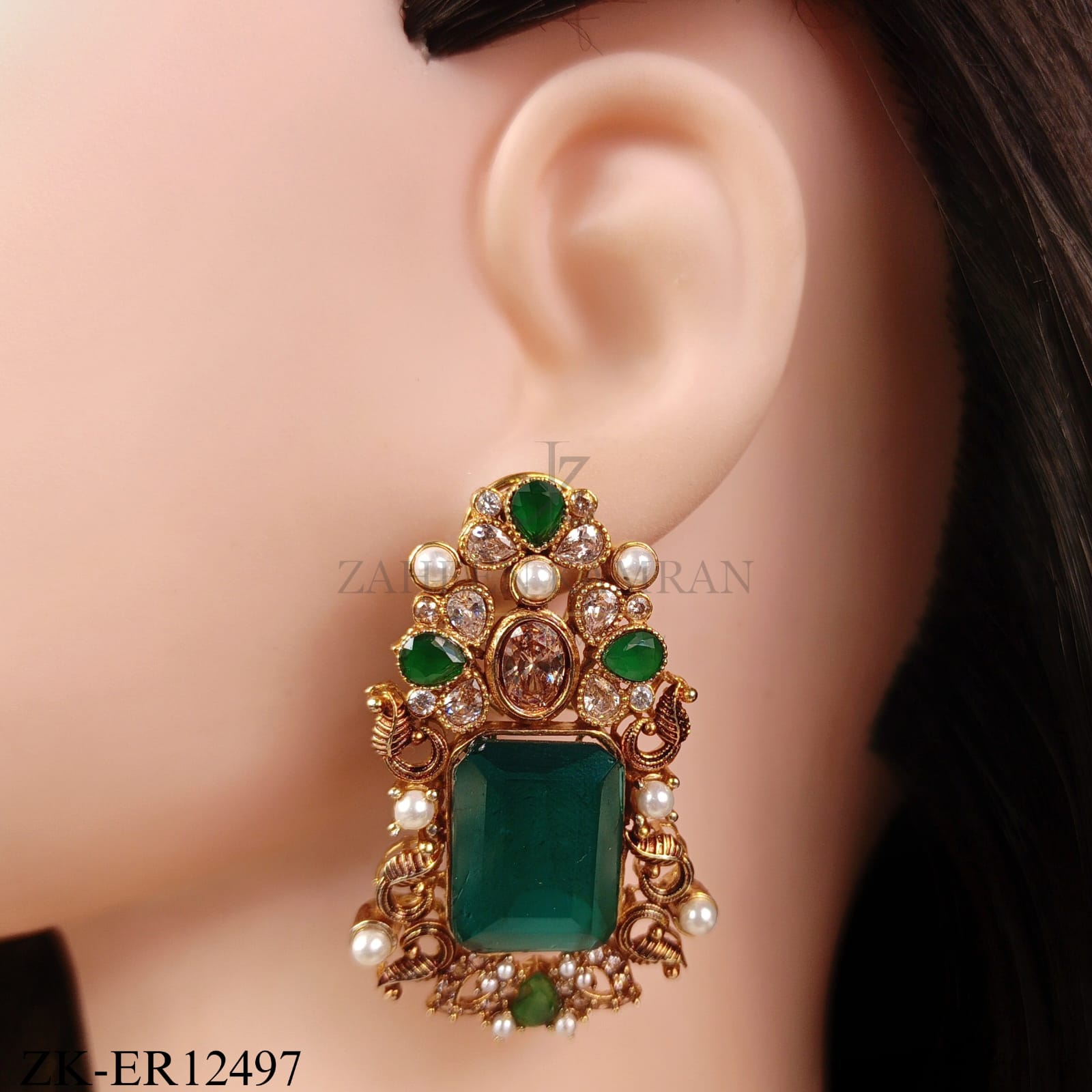 EMERALD CUT PEARL SCROLL EARRINGS