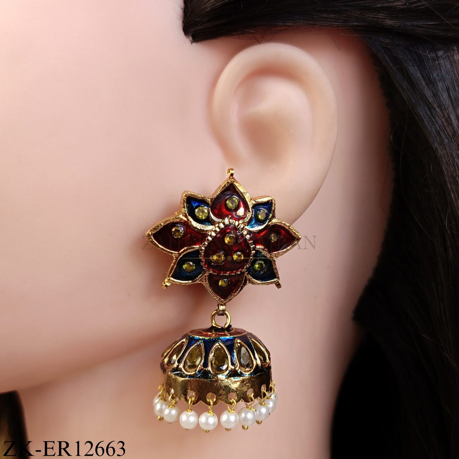 FLORAL TOP RED AND BLUE MEENA EARRINGS