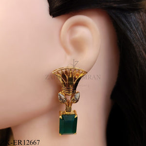GOLD TONE LOTUS TOP WITH SQUARE EMERALD EARRINGS